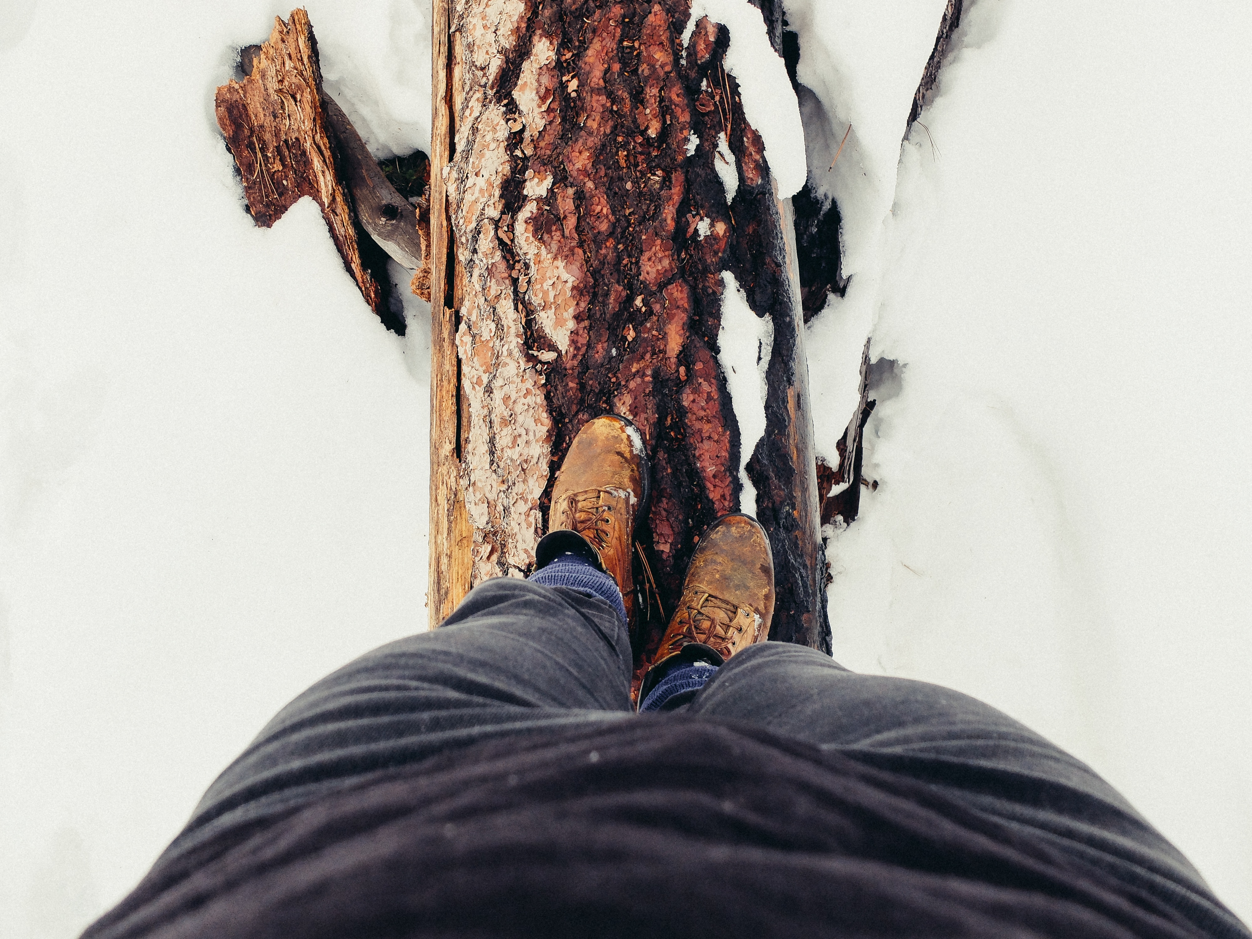 Person trying to balance while walking across a log